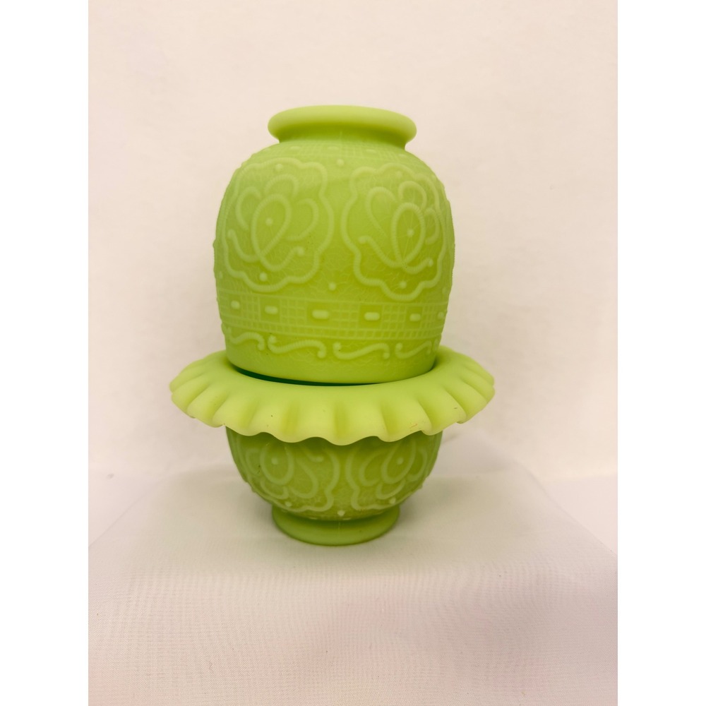 Fenton Persian Medallion Uranium Glass Fairy Lamp Rose Pattern Satin Green Glows
